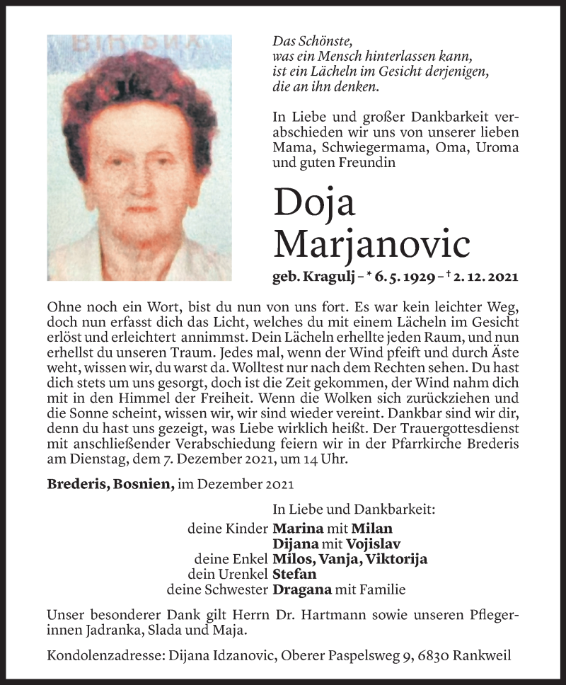  Todesanzeige für Doja Marjanovic vom 05.12.2021 aus Vorarlberger Nachrichten