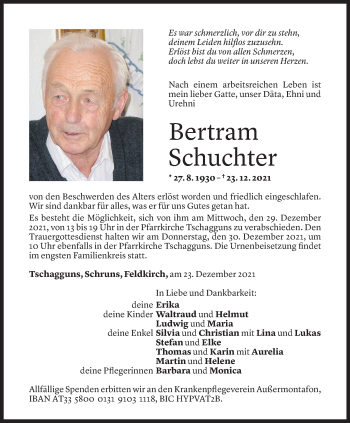 Todesanzeige von Bertram Schuchter von Vorarlberger Nachrichten