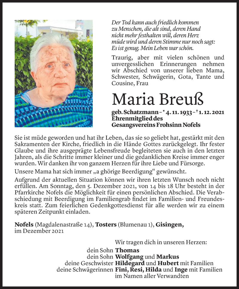  Todesanzeige für Maria Breuß vom 03.12.2021 aus Vorarlberger Nachrichten