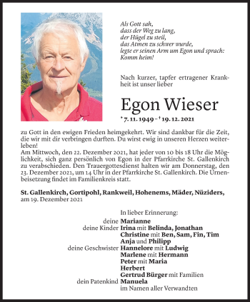 Todesanzeige von Egon Wieser von Vorarlberger Nachrichten