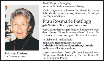 Todesanzeige von Rosmarie Battlogg von Vorarlberger Nachrichten