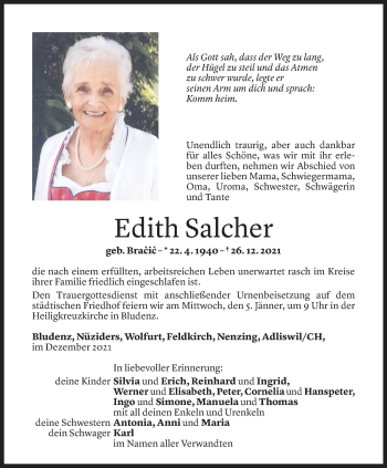 Todesanzeige von Edith Salcher von Vorarlberger Nachrichten