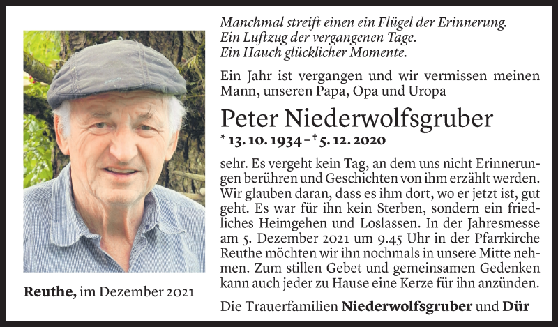  Todesanzeige für Peter Niederwolfsgruber vom 03.12.2021 aus Vorarlberger Nachrichten