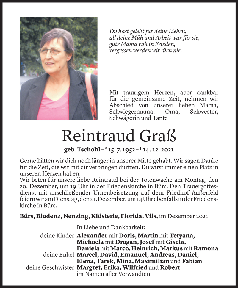  Todesanzeige für Reintraud Graß vom 18.12.2021 aus Vorarlberger Nachrichten