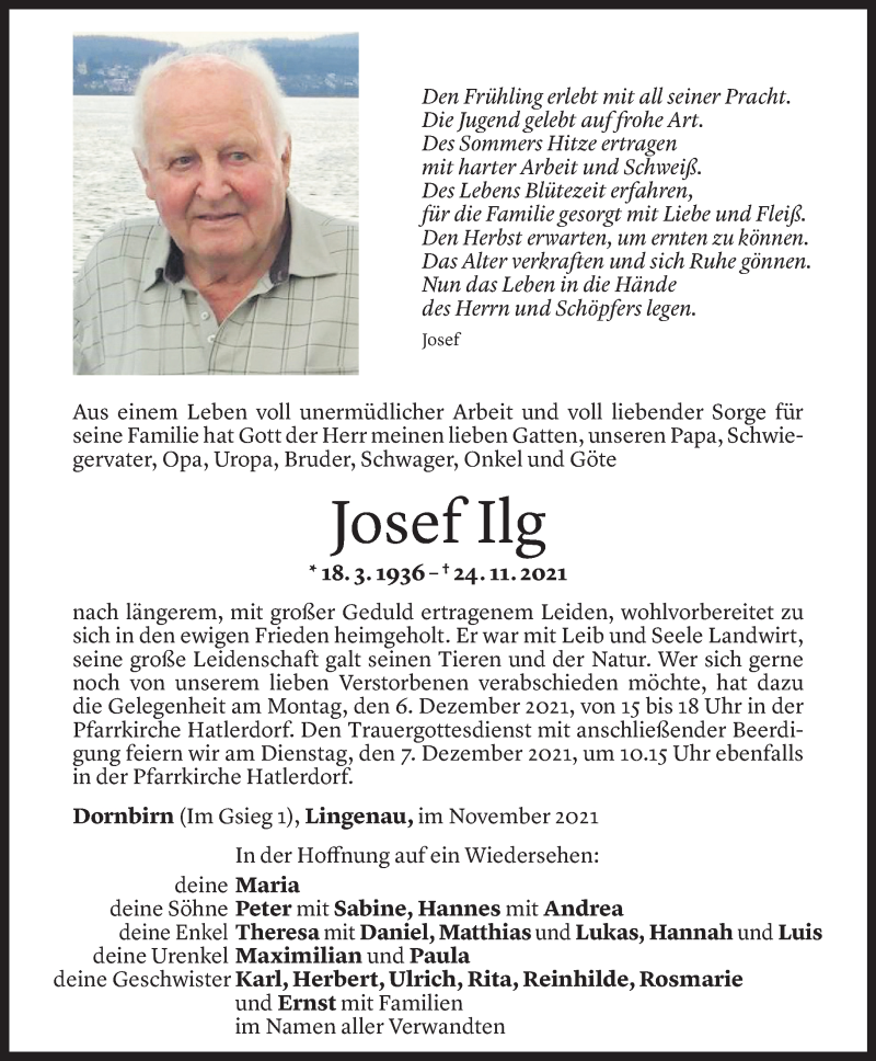  Todesanzeige für Josef Ilg vom 01.12.2021 aus Vorarlberger Nachrichten