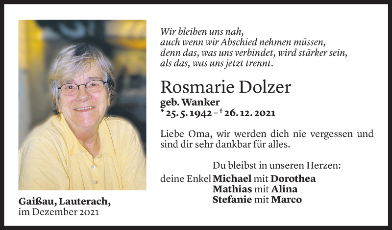  Todesanzeige für Rosmarie Dolzer vom 29.12.2021 aus Vorarlberger Nachrichten