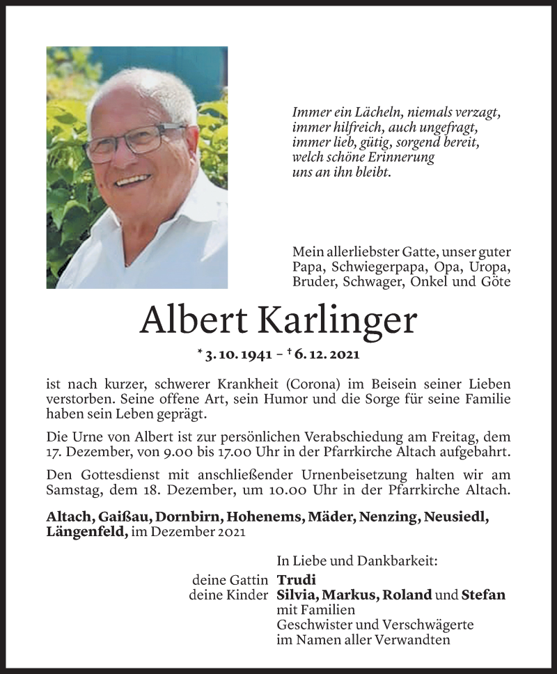  Todesanzeige für Albert Karlinger vom 16.12.2021 aus Vorarlberger Nachrichten