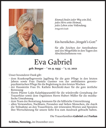 Todesanzeigen von Eva Gabriel | Todesanzeigen Vorarlberger Nachrichten