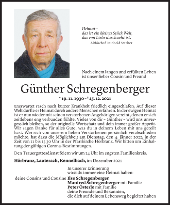 Todesanzeige von Günther Schregenberger von Vorarlberger Nachrichten