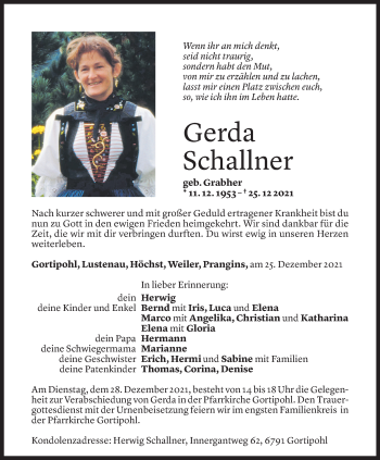 Todesanzeige von Gerda Schallner von Vorarlberger Nachrichten