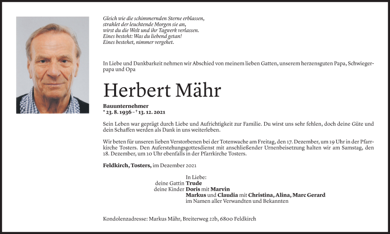  Todesanzeige für Herbert Mähr vom 14.12.2021 aus Vorarlberger Nachrichten