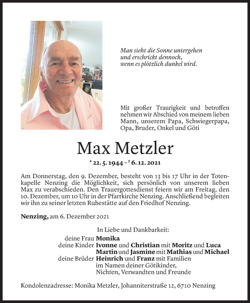  Todesanzeige für Max Metzler vom 07.12.2021 aus Vorarlberger Nachrichten