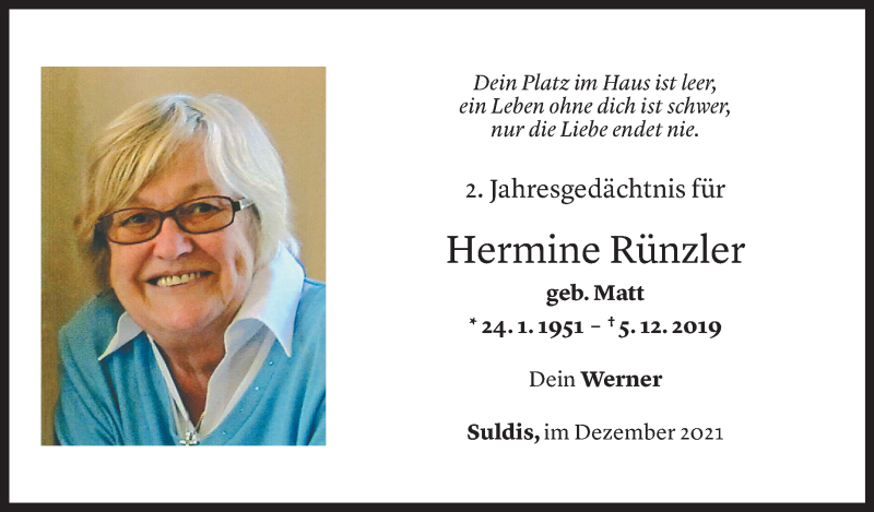  Todesanzeige für Hermine Rünzler vom 04.12.2021 aus Vorarlberger Nachrichten