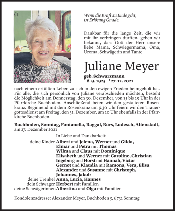 Todesanzeige von Juliane Meyer von Vorarlberger Nachrichten