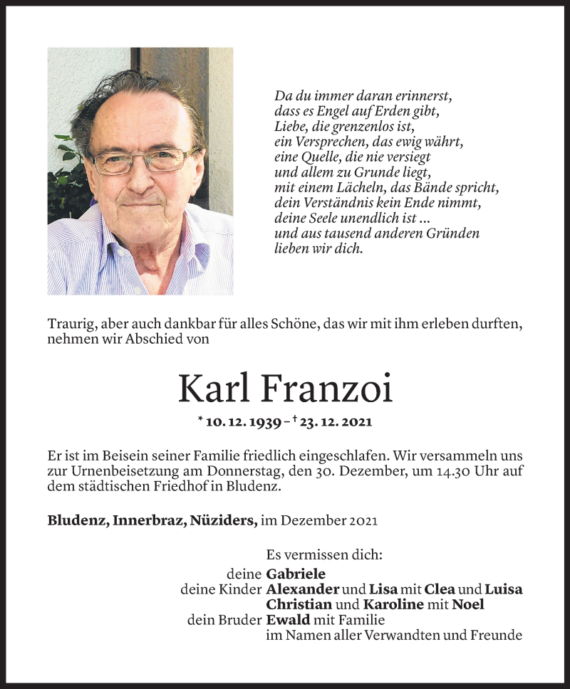 Todesanzeige für Karl Franzoi vom 28.12.2021 aus Vorarlberger Nachrichten