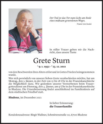 Todesanzeige von Grete Sturn von Vorarlberger Nachrichten