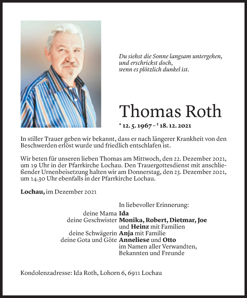  Todesanzeige für Thomas Roth vom 21.12.2021 aus Vorarlberger Nachrichten