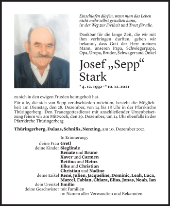 Todesanzeige von Josef Stark von Vorarlberger Nachrichten