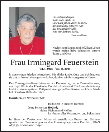 Todesanzeige von Irmingard Feuerstein von Vorarlberger Nachrichten