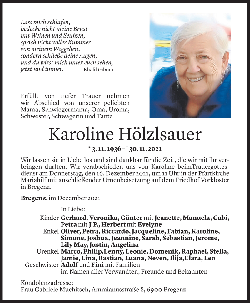 Todesanzeige für Karoline Hölzlsauer vom 13.12.2021 aus Vorarlberger Nachrichten