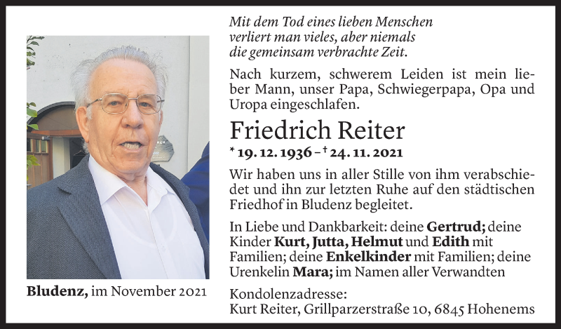  Todesanzeige für Friedrich Reiter vom 08.12.2021 aus Vorarlberger Nachrichten