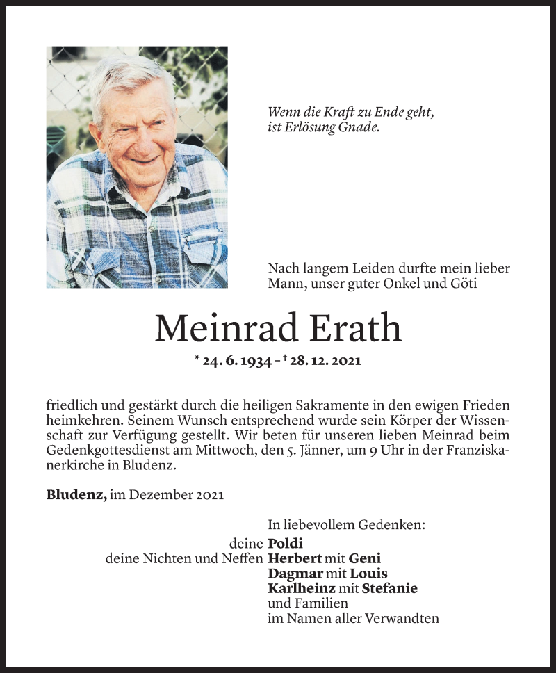  Todesanzeige für Meinrad Erath vom 31.12.2021 aus Vorarlberger Nachrichten