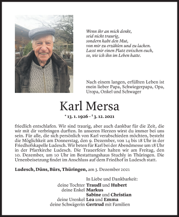 Todesanzeige von Karl Mersa von Vorarlberger Nachrichten