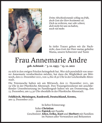 Todesanzeige von Annemarie Andre von Vorarlberger Nachrichten