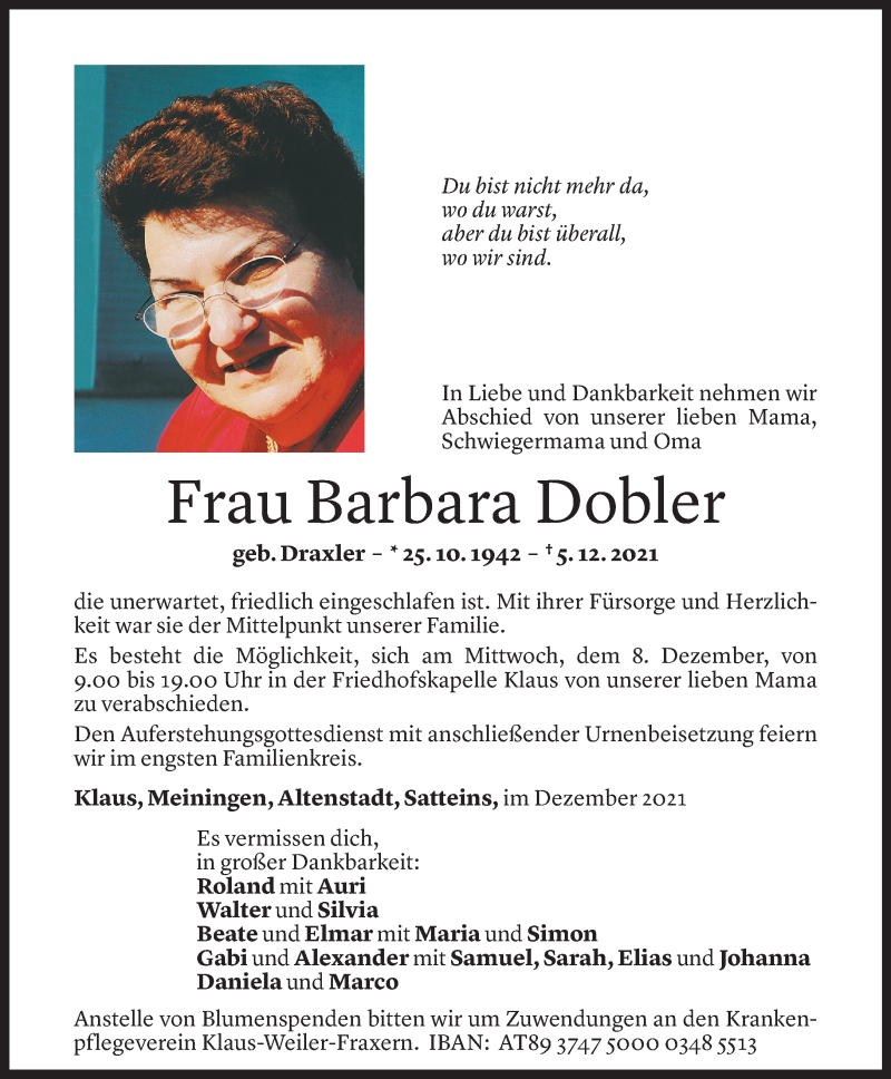  Todesanzeige für Barbara Dobler vom 07.12.2021 aus Vorarlberger Nachrichten