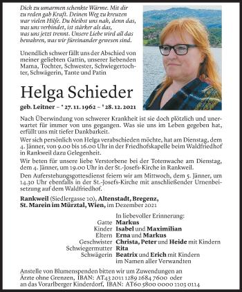 Todesanzeige von Helga Schieder von Vorarlberger Nachrichten