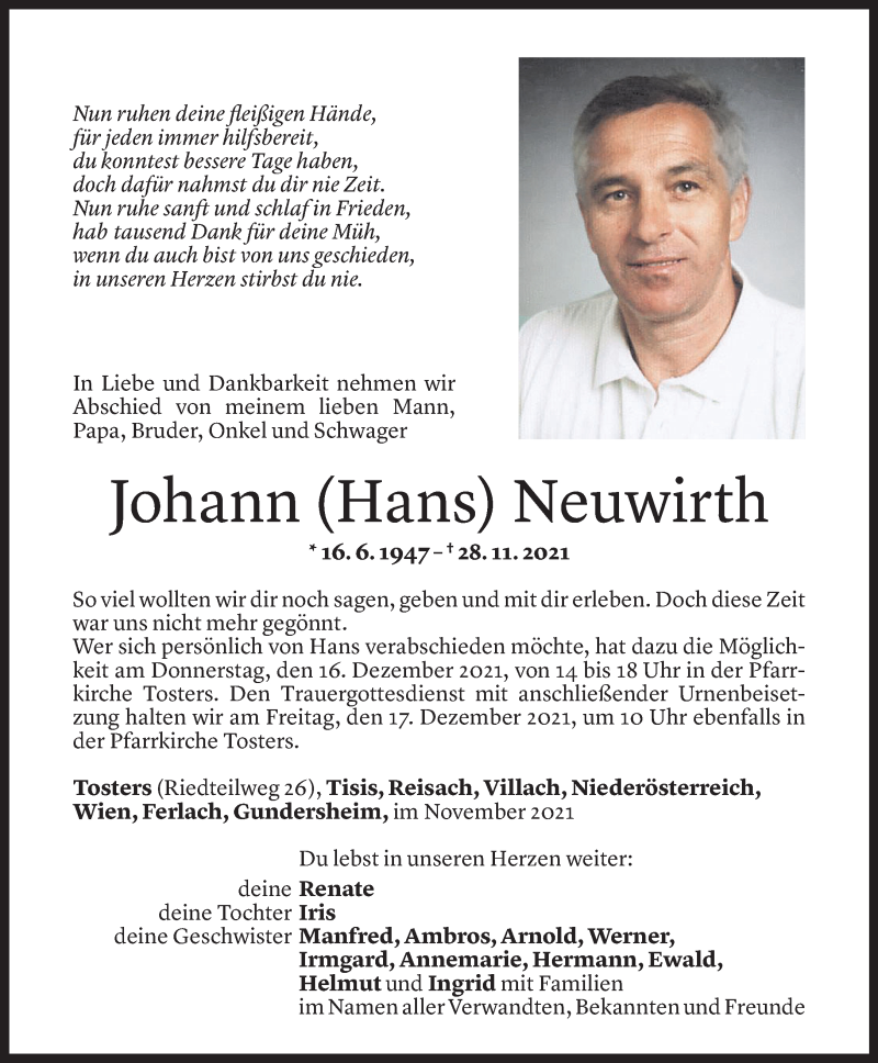  Todesanzeige für Johann Neuwirth vom 10.12.2021 aus Vorarlberger Nachrichten