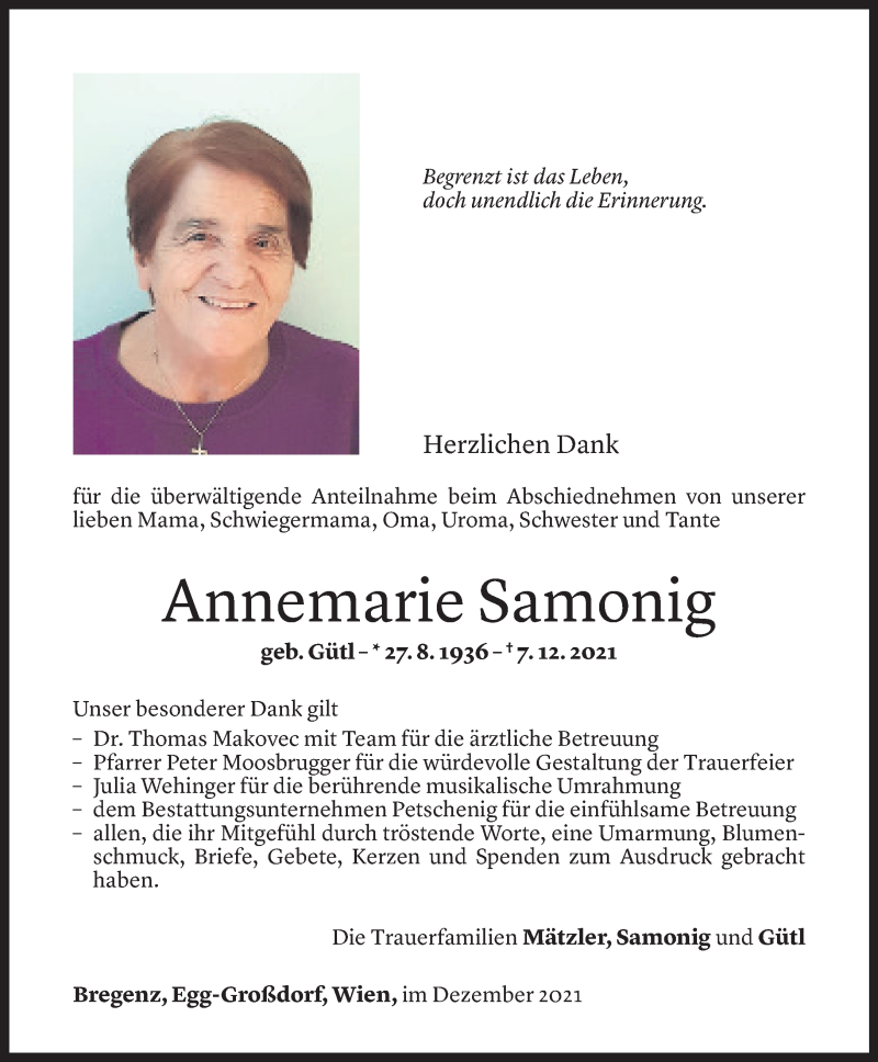  Todesanzeige für Annemarie Samonig vom 28.12.2021 aus Vorarlberger Nachrichten
