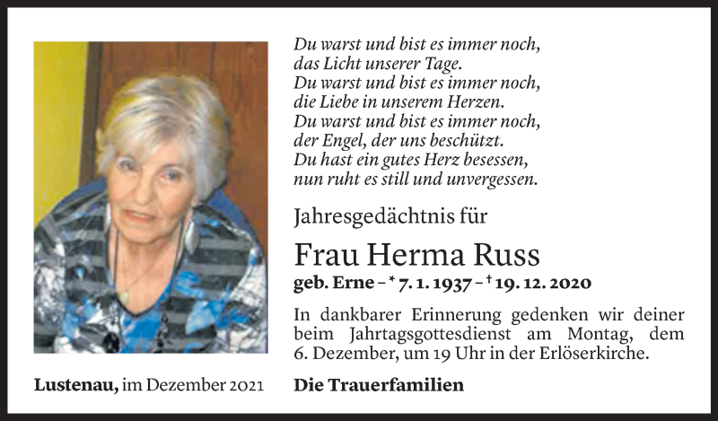  Todesanzeige für Herma Russ vom 03.12.2021 aus Vorarlberger Nachrichten