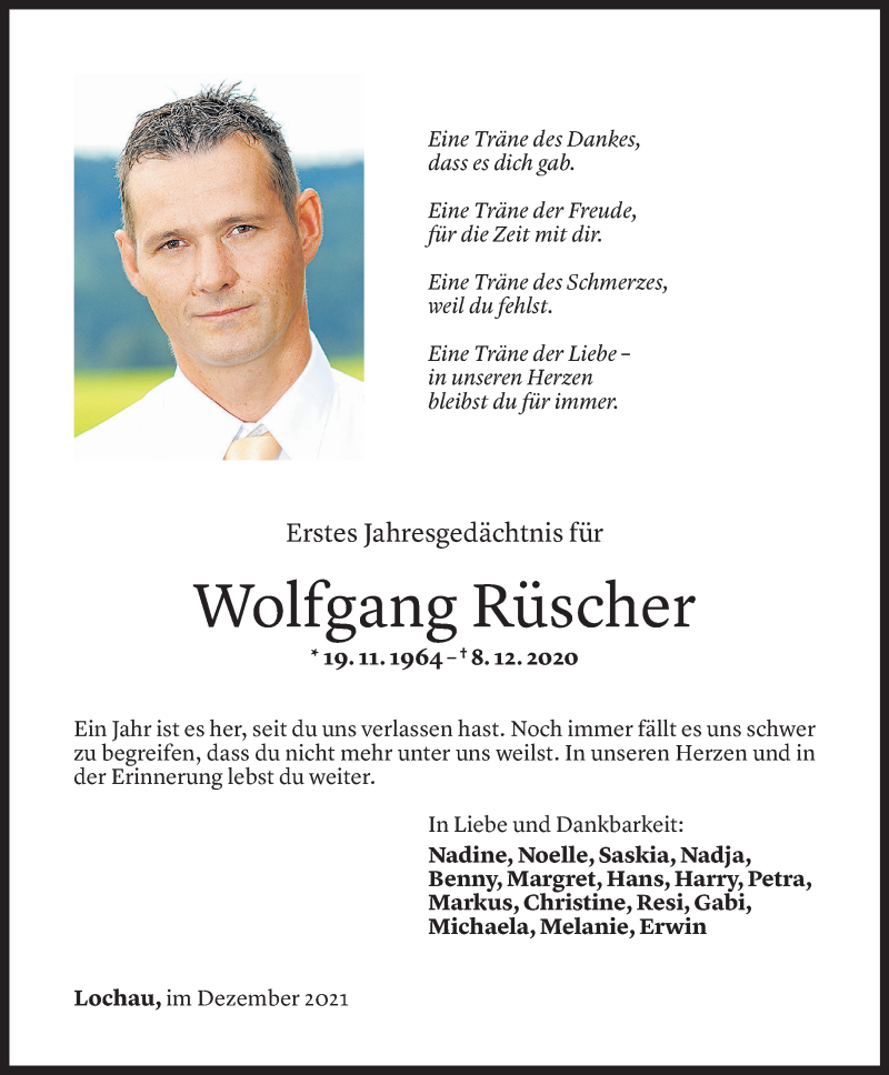 Todesanzeige für Wolfgang Rüscher vom 07.12.2021 aus Vorarlberger Nachrichten