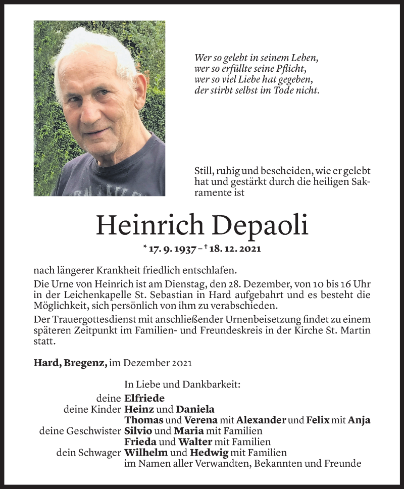  Todesanzeige für Heinrich Depaoli vom 26.12.2021 aus Vorarlberger Nachrichten