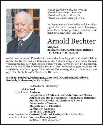 Todesanzeige von Arnold Bechter von Vorarlberger Nachrichten
