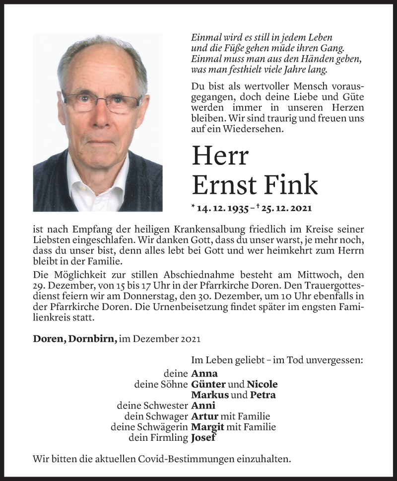  Todesanzeige für Ernst Fink vom 27.12.2021 aus Vorarlberger Nachrichten