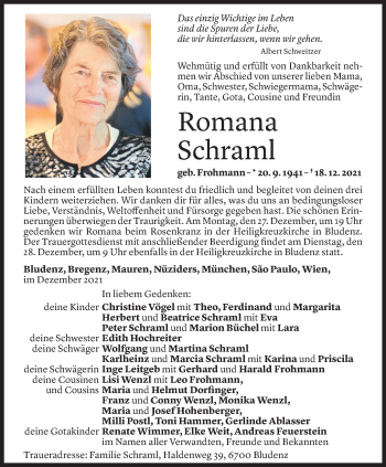 Todesanzeige von Romana Schraml von Vorarlberger Nachrichten