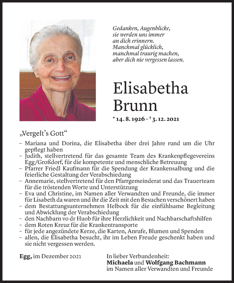  Todesanzeige für Elisabetha Brunn vom 17.12.2021 aus Vorarlberger Nachrichten