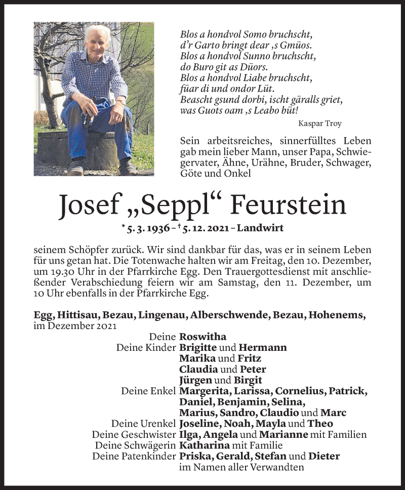  Todesanzeige für Josef Feurstein vom 07.12.2021 aus Vorarlberger Nachrichten