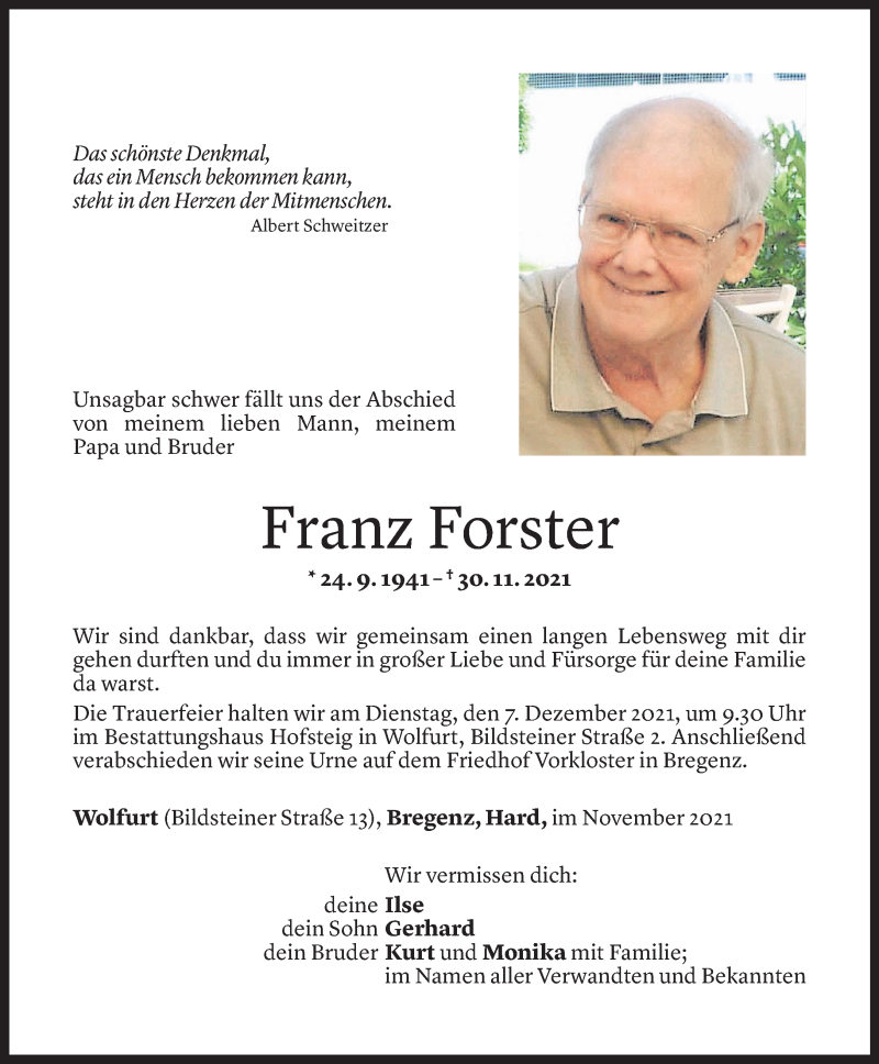  Todesanzeige für Franz Forster vom 03.12.2021 aus Vorarlberger Nachrichten