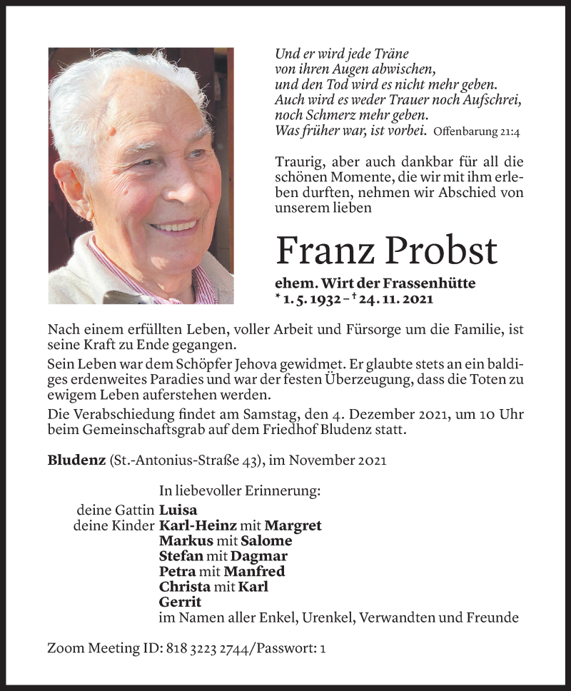  Todesanzeige für Franz Probst vom 01.12.2021 aus Vorarlberger Nachrichten