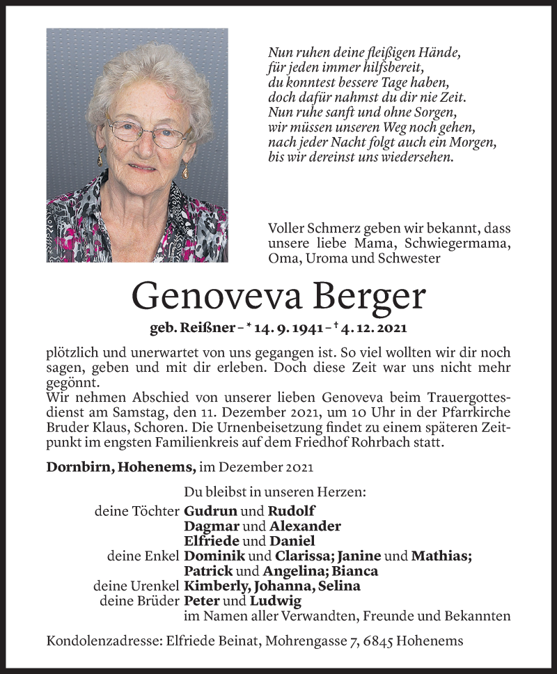 Todesanzeige für Genoveva Berger vom 07.12.2021 aus Vorarlberger Nachrichten
