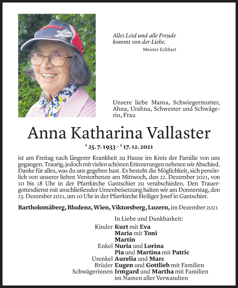  Todesanzeige für Anna Katharina Vallaster vom 19.12.2021 aus Vorarlberger Nachrichten