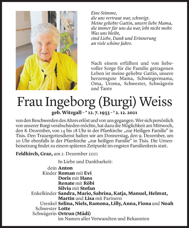 Todesanzeige für Ingeborg Weiss vom 03.12.2021 aus Vorarlberger Nachrichten