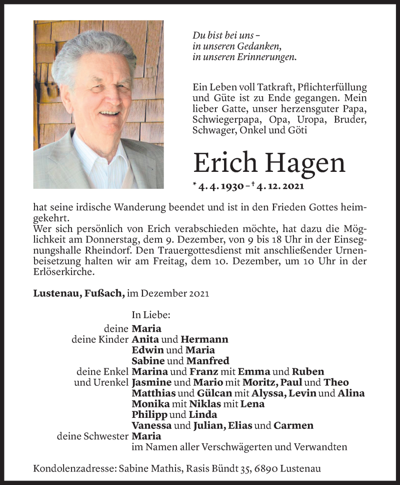 Todesanzeige für Erich Hagen vom 07.12.2021 aus Vorarlberger Nachrichten