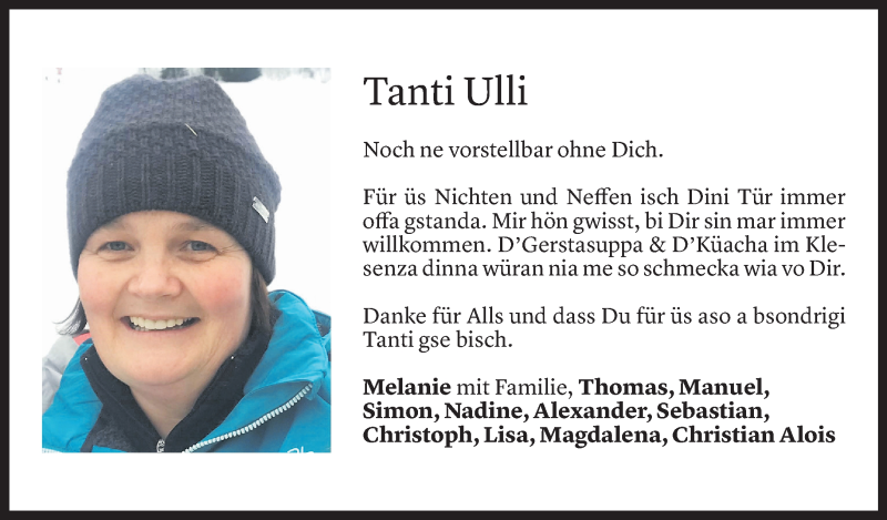  Todesanzeige für Ulrike Dünser vom 21.12.2021 aus Vorarlberger Nachrichten