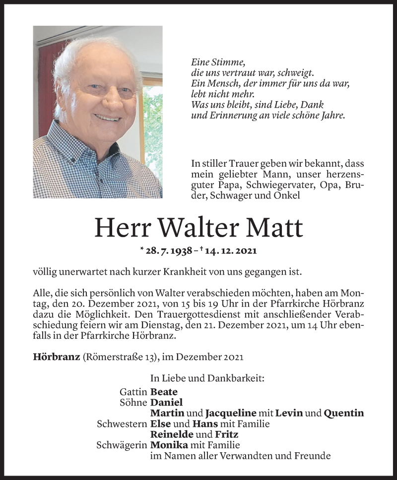  Todesanzeige für Walter Matt vom 17.12.2021 aus Vorarlberger Nachrichten
