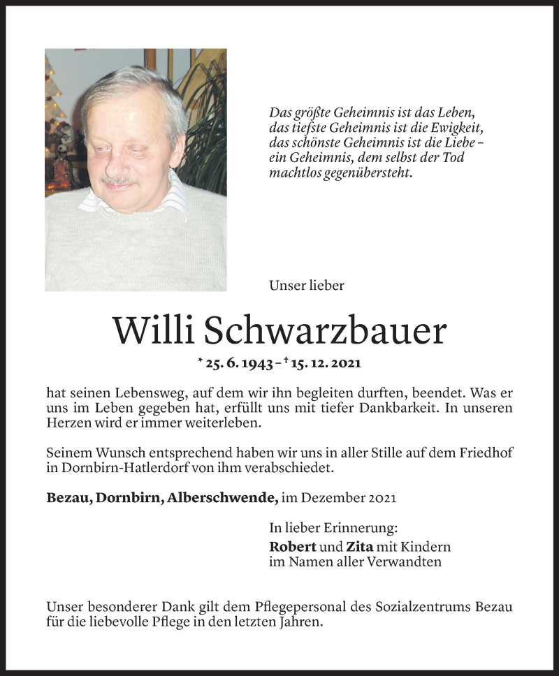  Todesanzeige für Willi Schwarzbauer vom 23.12.2021 aus Vorarlberger Nachrichten