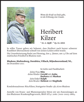 Todesanzeige von Heribert Kilzer von Vorarlberger Nachrichten